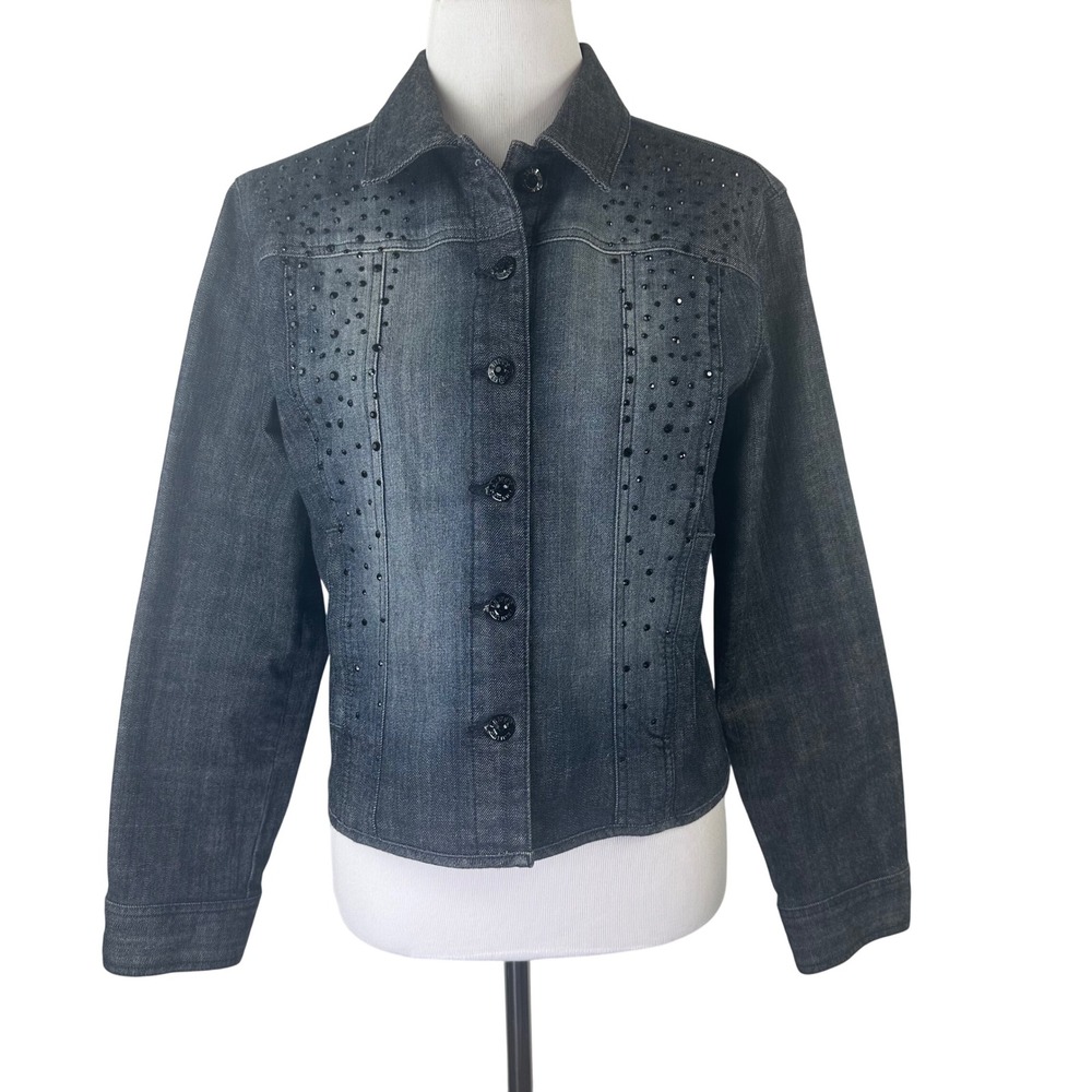 Chico's Platinum Dark Wash Embellished Rhinestone Denim Jacket Womens 1 US M‎